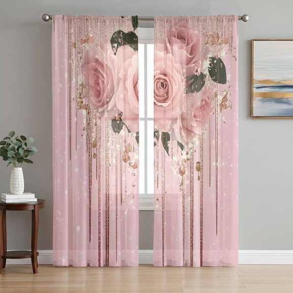 Pink Roses Romantic Sheer Curtains 72 Inch Length 2 Panels Set, Watercolor Botanical Floral Voile Window Treatment Rod Pocket Curtains Sheers Drapes for Bedroom/Living Room/Kitchen 52"x72"x2