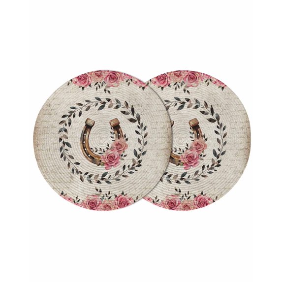 Pink Roses Round 13 Inch Placemats Set of 2, Spring Horseshoes Floral Leaves Vintage HeatResistant Non Slip Place Mats for Dining Table, Wipeable Braided Kitchen Table Mats for Housewarming