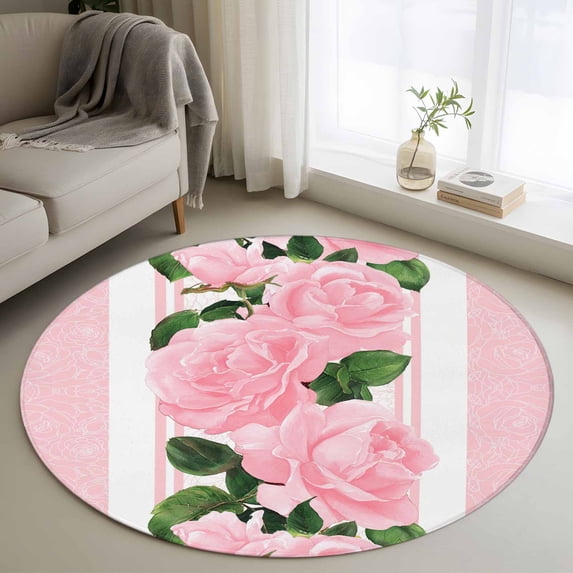 Pink Roses Round Area Rug 3.3Ft Washable Circle Rugs for Dining Room Table, Valentine's Day Romantic Flowers Green Leaf Stripes Non-Slip Carpet Floor Mats Indoor Outdoor Carpet Runner Home Decor