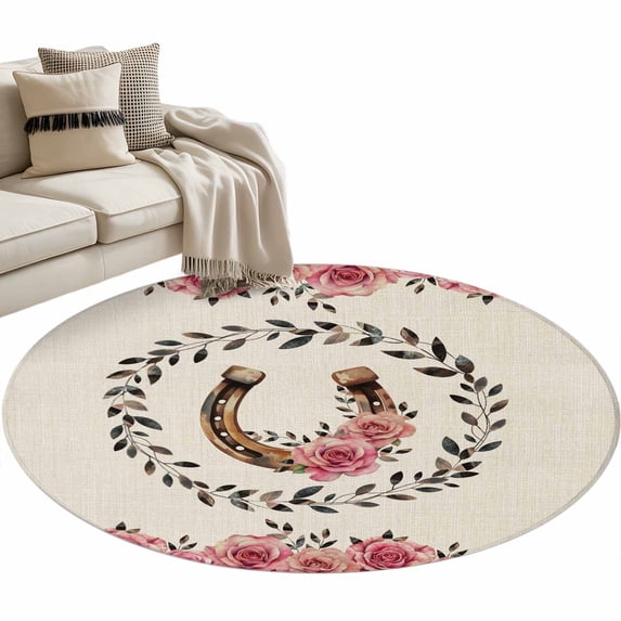 Pink Roses Round Area Rugs Collection 4', Spring Horseshoes Floral ...