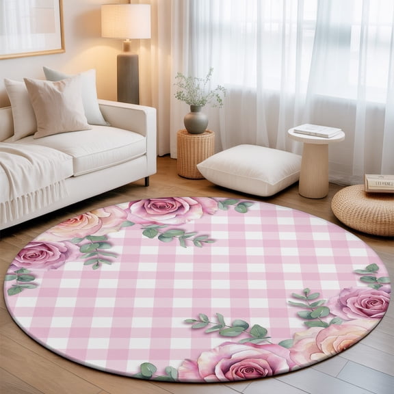 Pink Roses Round Living Room Rugs 7 ft, Classic Floral Eucalyptus Leaves Pink Plaid Washable Area Rug with Non-Slip Sturdy Edge Binding Round Carpet for Kitchen Office Bedroom