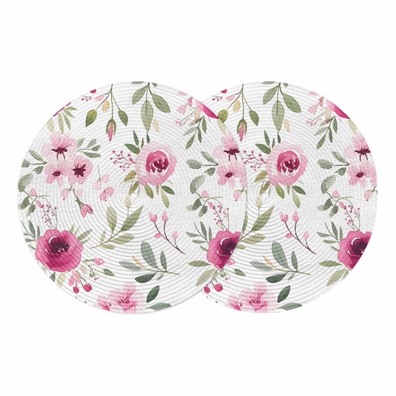 Pink Roses Round Placemats Set of 2 Romantic Flowers Leaves Vintage Country Place Mats Indoor Woven Table Mats Washable Heat-Resistance Braided Dining Table Placemats for Kitchen Party Decor 13 Inch