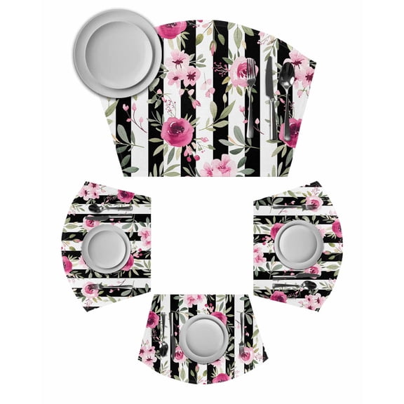 Pink Roses Round Table Placemats Set of 2 Wedge Placemats, Romantic Flowers Leaves Floral Black Stripes Place Mats for Dining Table Set Washable Mats Kitchen Decor for Indoor Outdoor Wipe Clean