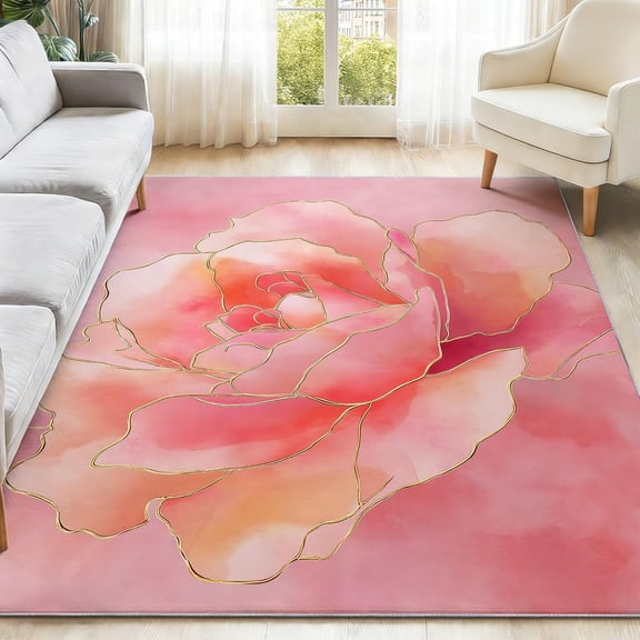 Pink Roses Rug Petals Area Rug Floral Theme Carpet Washable Non Slip Soft Rugs Line Roses Home Decor-5' x 7'