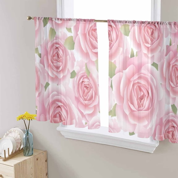 Pink Roses Sheer Curtains 54 Inches Length 2 Panels Set, Window Sheer Curtains for Living Room/Bedroom, Retro Flower Floral Botanicall Plant Leaf Light Filtering Rod Pocket Curtain 52'' x 54'' x 2
