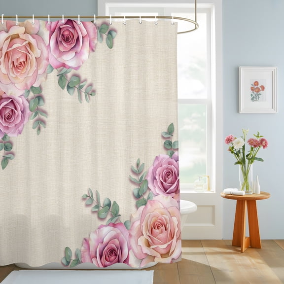 Pink Roses Shower Curtain, Classic Floral Eucalyptus Leaves Linen Texture Waterproof Washable Shower Curtain for Bathroom Bathtub Partition Bath Decoration Set with Hooks 36x72in