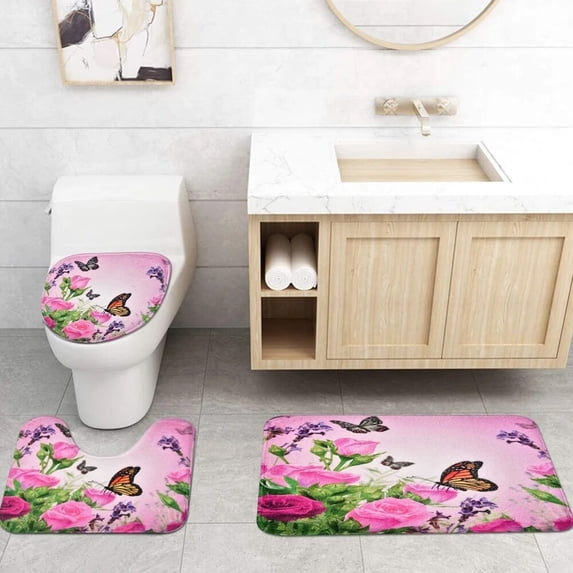 Pink Roses Shower Curtain Set Pastoral Modern Reflection Floral Bathroom Curtains Non-slip Flowers Rug Bath Mat Toilet Lid Cover