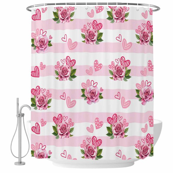 Pink Roses Shower Curtain, Waterproof Shower Curtains for Bathroom, Valentine's Day Love Floral Stripes Romantic Washable Fabric Bathtub Curtain Set Bath Decor with 12 Hooks 48"x72"