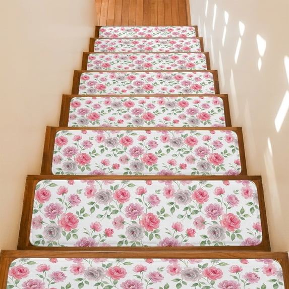 Pink Roses Stair Treads Non Slip for Steps Watercolor Grey Pink Floral Leaf 10 Pcs Reusable Adhesive Stair Runner Mats for Dogs Elders Carpet Treads Rugs for Staircase 8x30 In