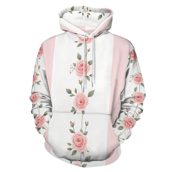 Pink Roses Stripe Pattern Men's Women Vintage 3D Hooded Sweatshirt - All-Season Loose Fit Streetwear