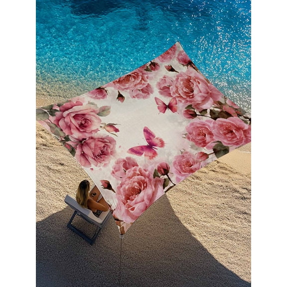 Pink Roses Sun Shade Sail 8' x 10', Spring Watercolor Gradient Pink Rose Floral Butterfly Linen Texture Rectangle Outdoor Sunshade Canopy, Waterproof UV Block Patio Covers for Garden Yard Beach