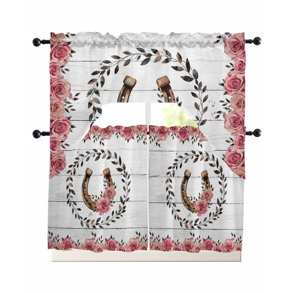 Pink Roses Swag Curtains for Living Room/Bedroom Windows, Spring Horseshoes Floral Leaves Gray Wood Kitchen Curtains and Valances Set 36 Inch Length, Light Filtering Swags Valance Curtain Panels