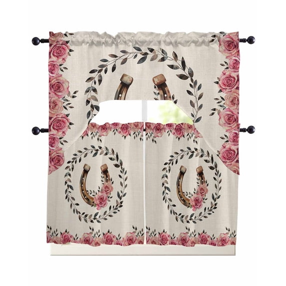 Pink Roses Swag Kitchen Curtains Sets for Windows 24 Inch Length, Spring Horseshoes Floral Leaves Rustic Short Window Curtain Panels Swags Valances and Tiers 3 Piece Set for Cafe/Dining Room