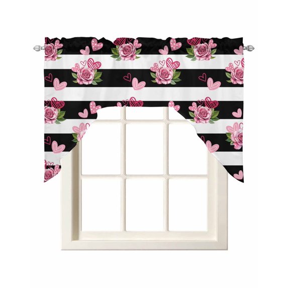 Pink Roses Swag Valances for Windows, Small Curtains Drapes, Valentine's Day Love Flowers Stripes Rustic Kitchen Window Curtains Over Sink Window Treatment Valance for Bedroom/Bathroom 56"x36"