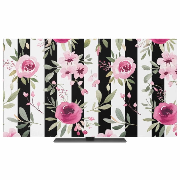 Pink Roses TV Dust Cover,Stretchable TV Screen Desktop Computer Protector Cover,Romantic Flowers Leaves Floral Black Stripes Television Dustproof Slipcover for 19–24 Inch Flat or Curved TVs