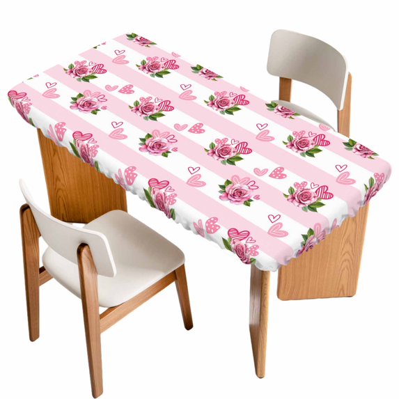Pink Roses Table Cloths for 4 Foot Rectangle Tables, Valentine's Day Love Floral Stripes Romantic Patio Waterproof Elastic Fitted Tablecloths, Washable Rectangular Table Cover for Camping