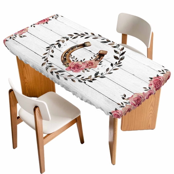 Pink Roses Table Cloths for 5 Foot Rectangle Tables, Spring Horseshoes Floral Leaves Gray Wood Patio Waterproof Elastic Fitted Tablecloths, Washable Rectangular Table Cover for Camping