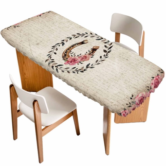 Pink Roses Table Cloths for 8 Foot Rectangle Tables, Spring Horseshoes Floral Leaves Vintage Patio Waterproof Elastic Fitted Tablecloths, Washable Rectangular Table Cover for Camping