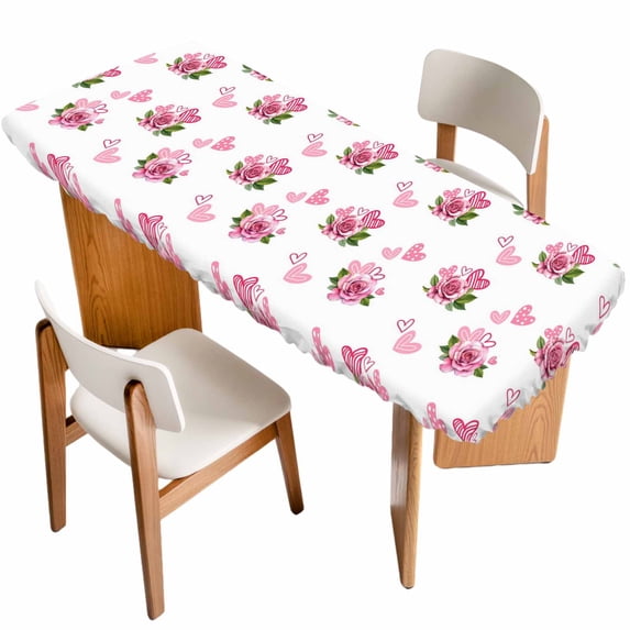 Pink Roses Table Cloths for 8 Foot Rectangle Tables, Valentine's Day Flowers Love White Romantic Patio Waterproof Elastic Fitted Tablecloths, Washable Rectangular Table Cover for Camping