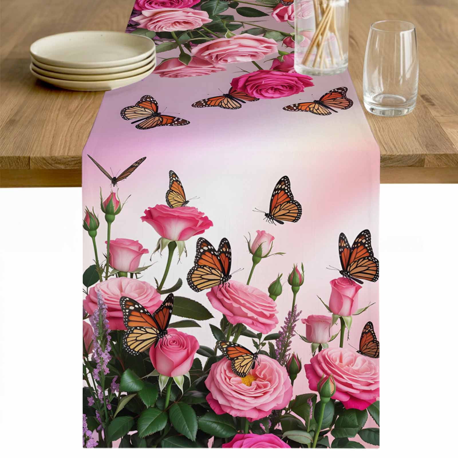 Spring Table Runner 108 Pink Roses Table Runner - 108 Inch Long Spring Floral Butterflies ...