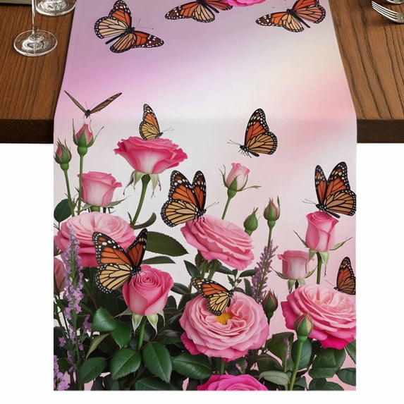 Pink Roses Table Runner 72 Inches Long,Spring Floral Butterflies Watercolor Modern Art Cotton Linen Table Runners Dresser Scarves,Fabric Tabletop Scarf Furniture Cover for Home Dinner Party 13"x72"