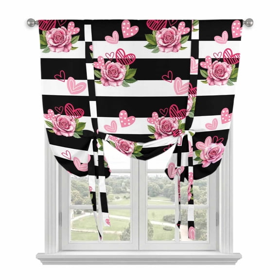 Pink Roses Tie Up Curtains 45 Inches Long, Kitchen Window Curtains Over Sink, Valentine's Day Love Flowers Stripes Rustic Small Window Curtains Shade Balloon Curtains Valances for Bedroom 34"x45"