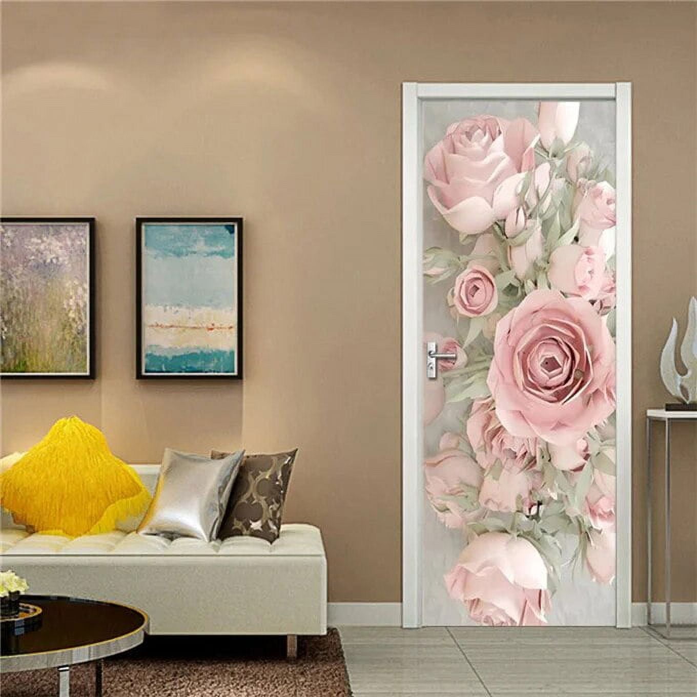 Pink Roses Wallpaper 3D Door Sticker Waterproof Removable Poster