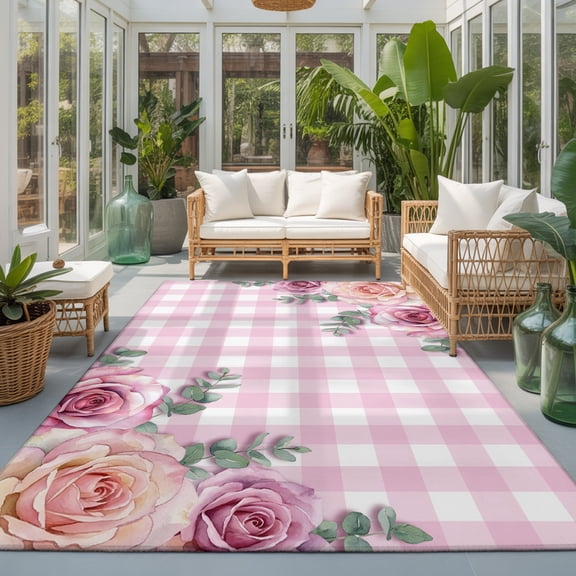 Pink Roses Washable Living Room Rugs 5'x7', Classic Floral Eucalyptus Leaves Pink Plaid Washable Throw Large Area Rugs Non-Slip Sturdy Edge Binding Carpet for Dining Room Bedside Kitchen