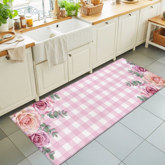 Pink Roses Washable Runner Rugs 2'x6', Classic Floral Eucalyptus Leaves Pink Plaid Washable Runner Rug Non-Slip Sturdy Edge Binding Carpet for Bedside Hallway Runner Kitchen Galley