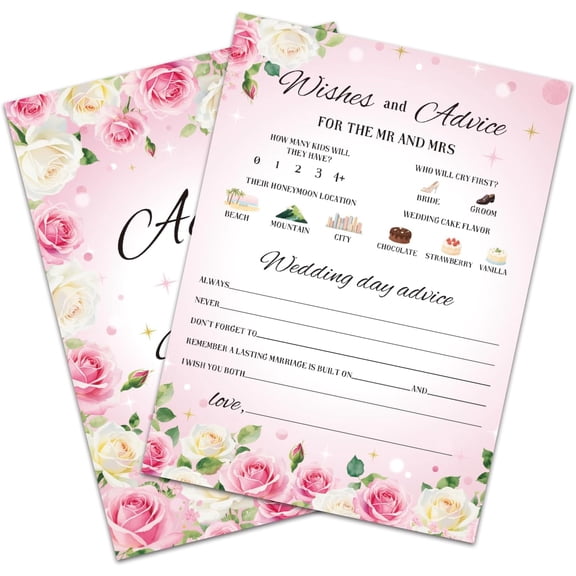 Pink Roses Wedding Prediction Advice and Wishes Cards 5x7in - 50 PCS Wedding Shower Game Cards for Guests Fun Keepsake Activity