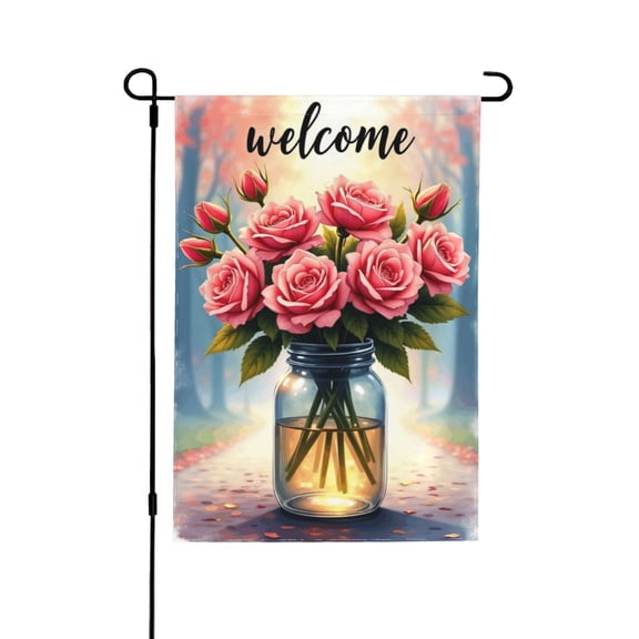 Pink Roses Welcome Garden Flag 12x18 Inch Double Sided – Floral Mason Jar Spring Summer Yard Decoration For Porch, Lawn & Patio
