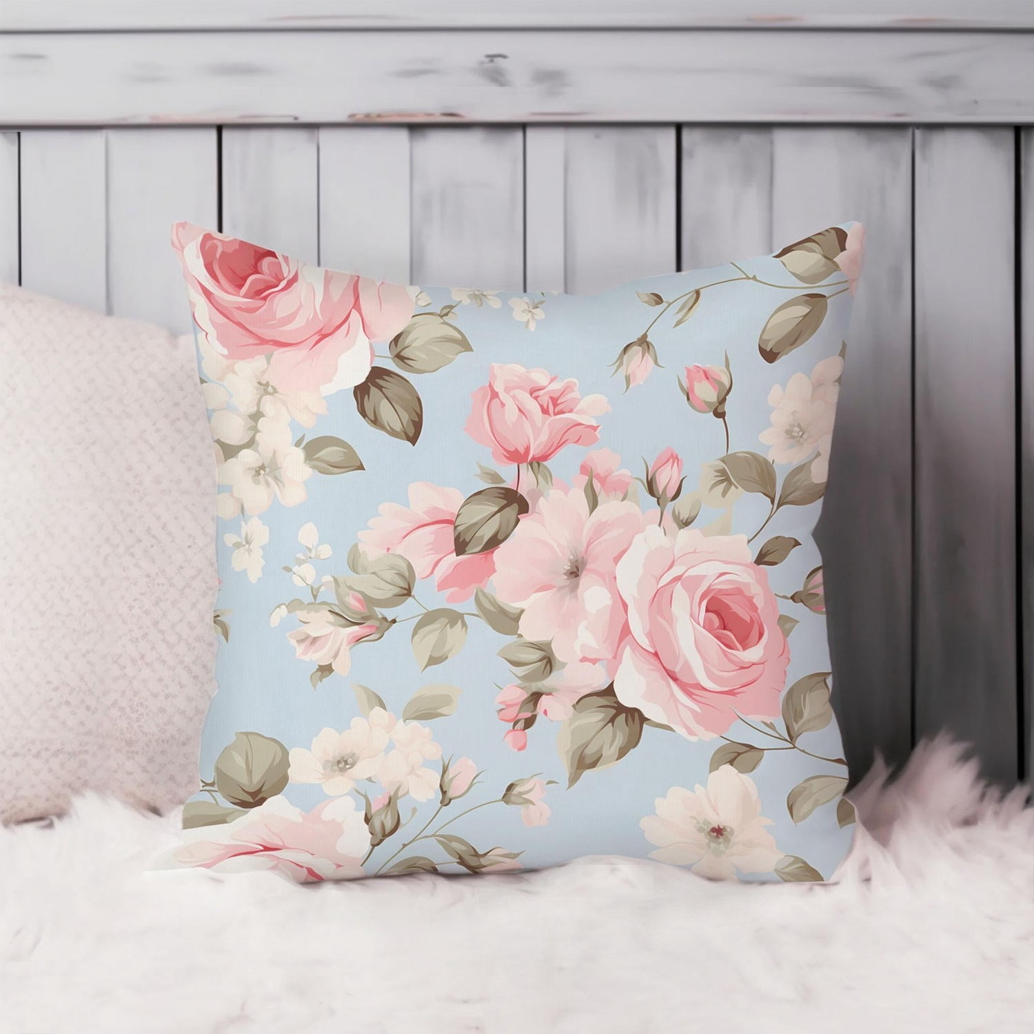 Pink Roses Covers Pink Roses White Blossoms Floral Polyester Velvet Throw Pillow Cover, 2 ...
