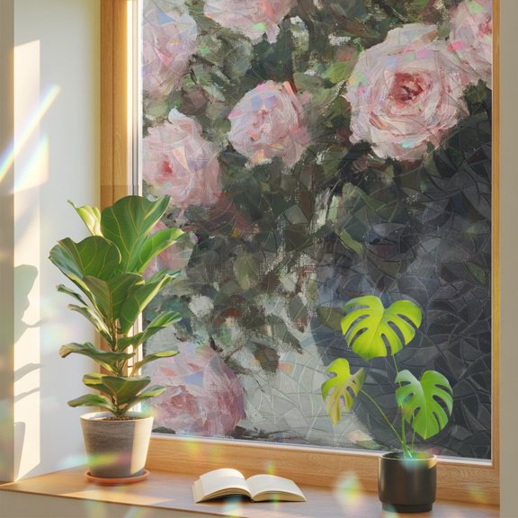 Pink Roses Window Privacy Film, Black Vase Floral Plant Romantic Stained Glass Rainbow Film Decorative Window Clings, Static Cling Sun Blocking Stickers 17.7" x 39.3"