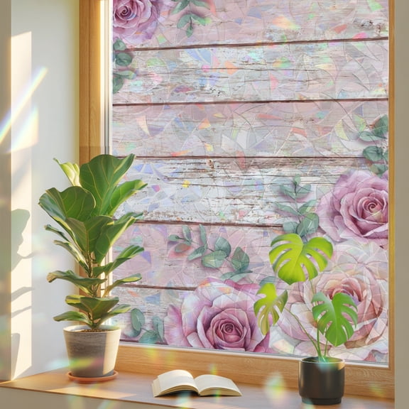 Pink Roses Window Privacy Film, Classic Floral Eucalyptus Leaves Pink Wood Grain Stained Glass Rainbow Film Decorative Window Clings, Static Cling Sun Blocking Stickers 29.5" x 118"