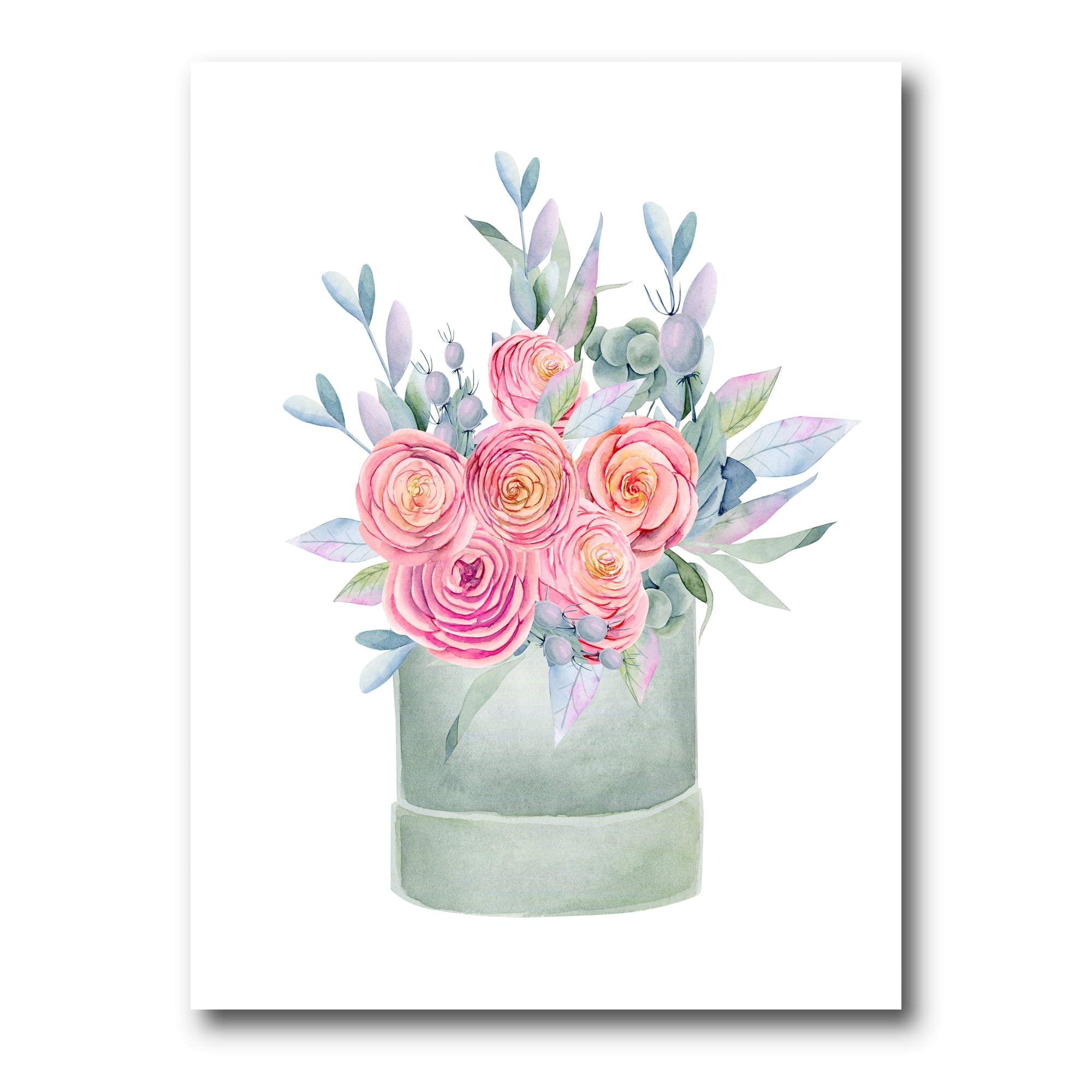 Pink Roses With Gift Box 8 in x 12 in Painting Canvas Art Print, by Designart