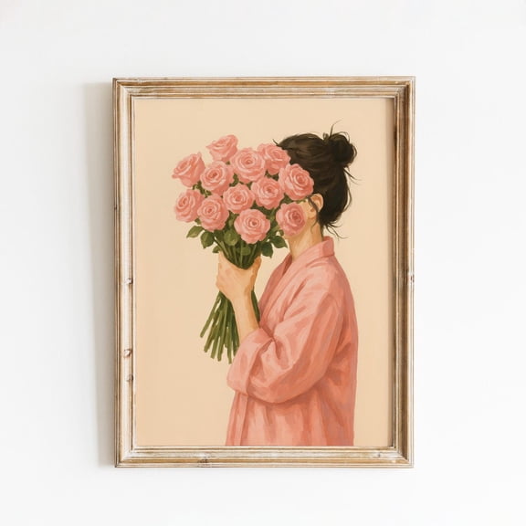 Pink Roses Woman Art Poster – Feminine Minimalist Wall Decor, Stretched Canvas Size 8x12