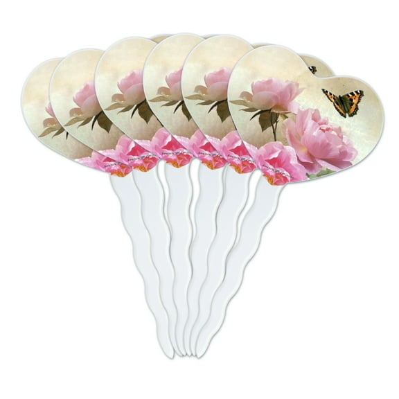 Pink Roses and Butterly Heart Love Cupcake Picks Toppers Decoration Set of 6