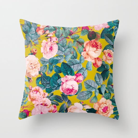 Pink Roses Covers Pink Roses and Teal Leaves on Mustard Yellow Throw Pillow Cover, Cover ...