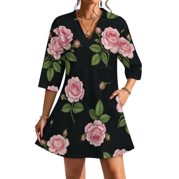 Pink Roses on Black Womens Dress With Pockets Summer V Neck 3/4 Sleeve Dress Plus Size Loose Dress