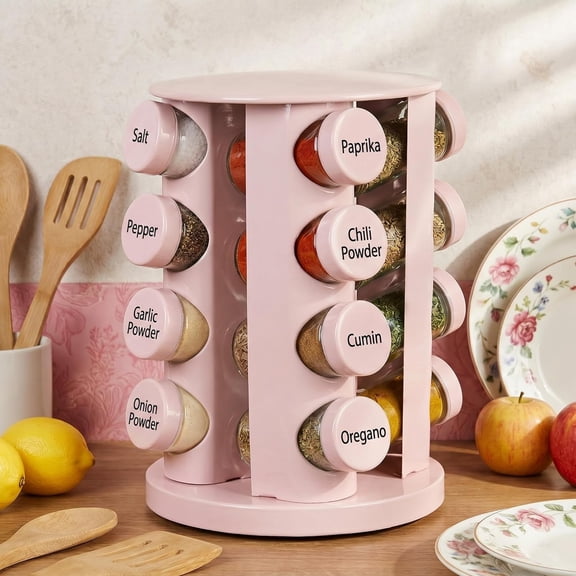 Pink Rotating Spice Rack Seasoning Organizer with 16 Empty Jars, Spice Containers Set with Labels and Funnel, Revolving Seasoning Rack for Kitchen Accessories (Stainless Steel,Glass)