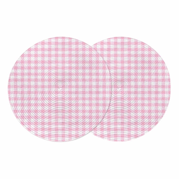 Pink Round 15 Inch Placemats Set of 2, Country French Rustic Buffalo Plaid Modern Art HeatResistant Non Slip Place Mats for Dining Table, Wipeable Braided Kitchen Table Mats for Housewarming