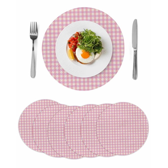 Pink Round 15 Inch Placemats Set of 6, Grid Checkered Plaid Gingham Lattice Trellis HeatResistant Non Slip Place Mats for Dining Table, Wipeable Braided Kitchen Table Mats for Housewarming