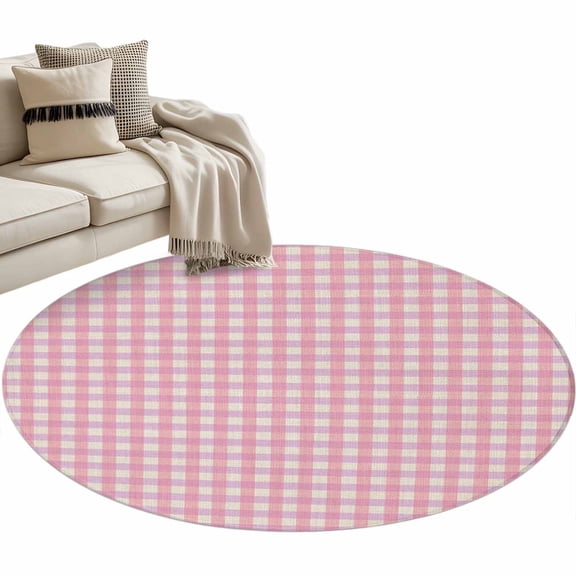 Pink Round Area Rug 3 FT, Small Kitchen Bathroom Mat, Grid Checkered Plaid Gingham Lattice Trellis Washable Indoor Outdoor Throw Runner Carpet Non-Shedding Doormat for Table Shower Sofa Entryway