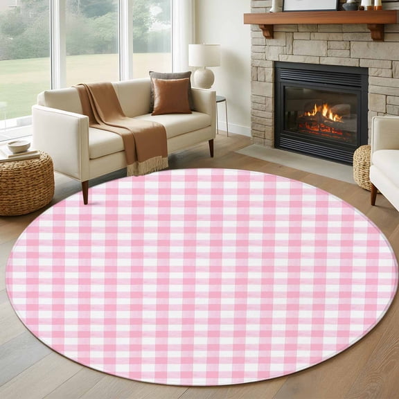 Pink Round Area Rug 6 FT, Non Slip Bedroom Area Rug, Country French Rustic Buffalo Plaid Modern Art Washable Soft Circular Carpet Non-Shedding Floor Mat for Kitchen Dining Room Home Office Kids Room