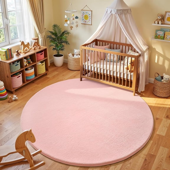 Pink Round Area Rugs 4ft Washable Circle Rugs for Bedroom Living Room, Fluffy Indoor Thickened Memory Foam Rug, Non Slip Minimalist Circular Carpet for Kids Boys Girls Dorm Nursery Room Decor