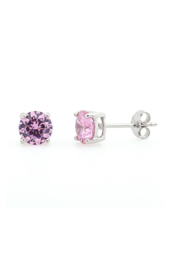 Pink Round Cubic Zirconia Classic Basket Stud Earring Sterling Silver