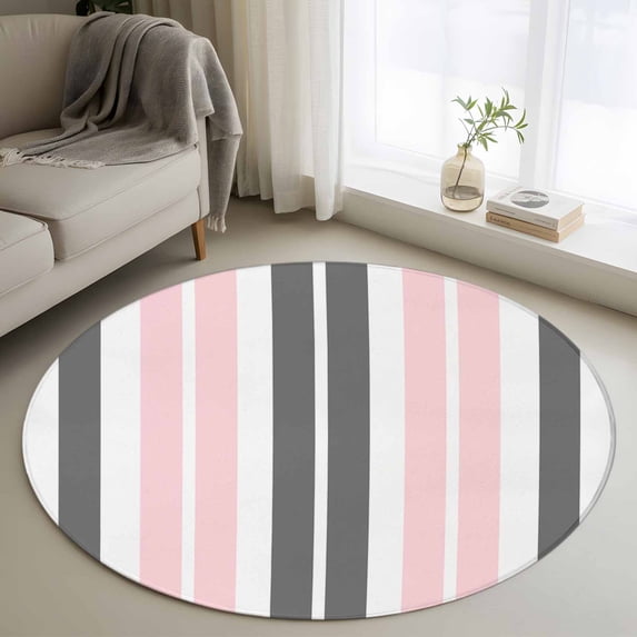 Pink and Round Living Room Rugs 3.3 ft, Grey Striped Rectangular Geometric Washable Area Rug with Non-Slip Sturdy Edge Binding Round Front Door Mat Floor Carpet for Entryway