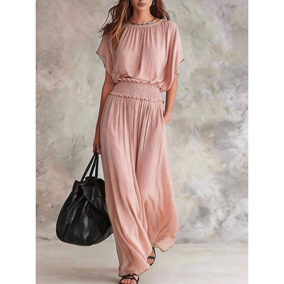 Pink Round Neck Dolman Sleeve Smocked Waist Wide Leg Jumpsuit Flowy Chiffon