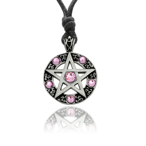 Pink Round Pentagram Silver Pewter Charm Necklace Pendant Jewelry With Cotton Cord