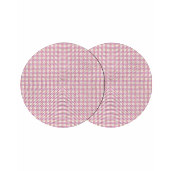 Pink Round Placemats Set of 2 for Dinning Tables,Heat-proof Braided Table Mats 13 Inch,Grid Checkered Plaid Gingham Lattice Trellis Washable Place Mat for Kitchen Restaurant Party Decor Table Setting